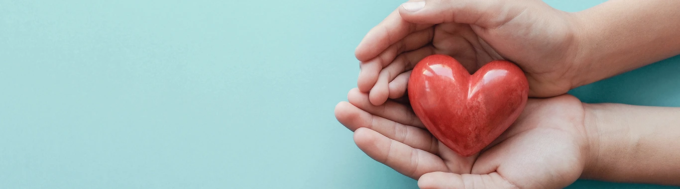 Hands holding a red heart shape against a light blue background, symbolizing love, charity, and compassion