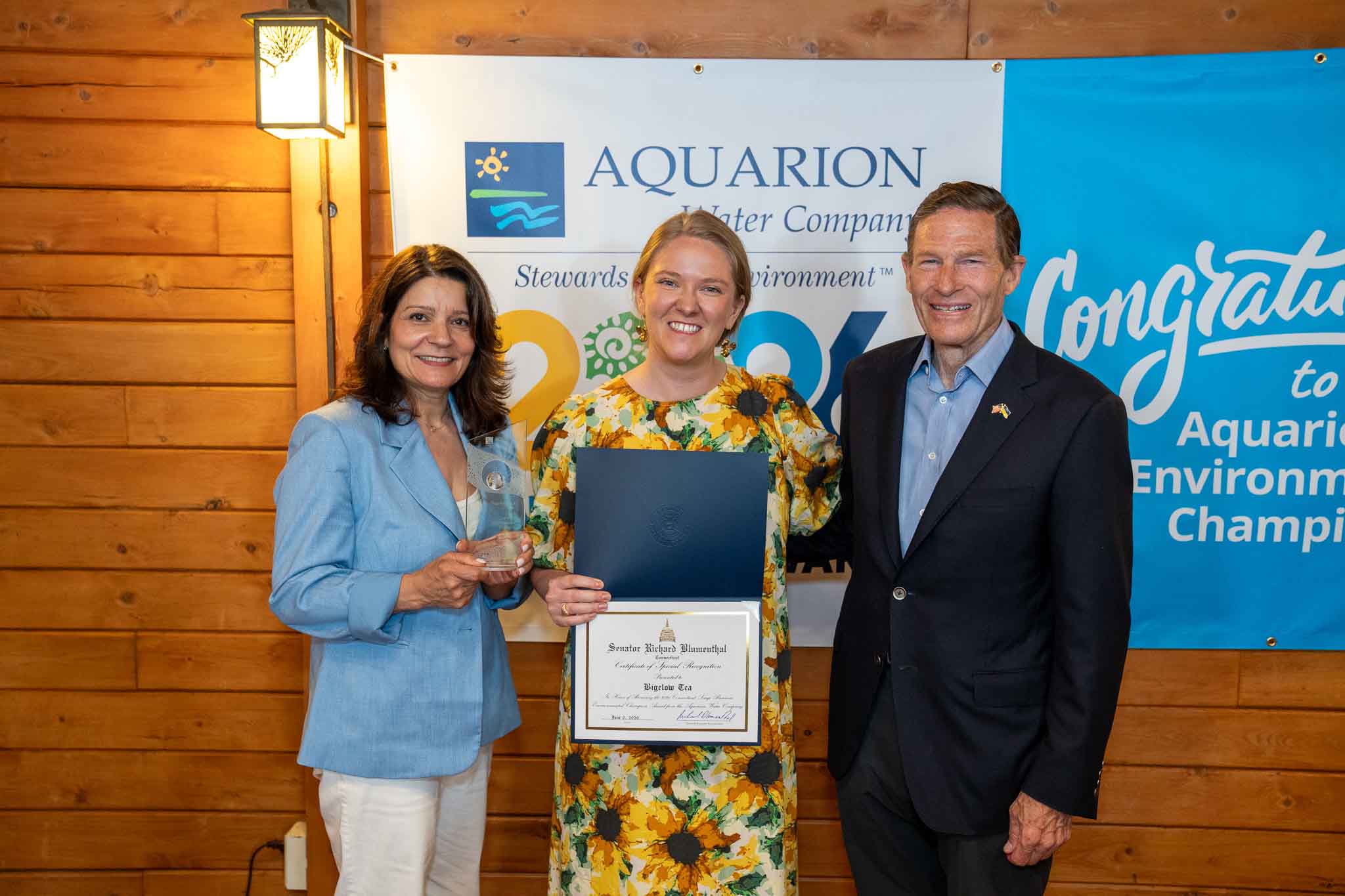 PHOTO (left to right): Lucy Teixeira, President of Aquarion Water Company; Rachel Ristau, Corporate Social Responsibility Manager for Bigelow Tea; and U.S. Senator Richard Blumenthal.