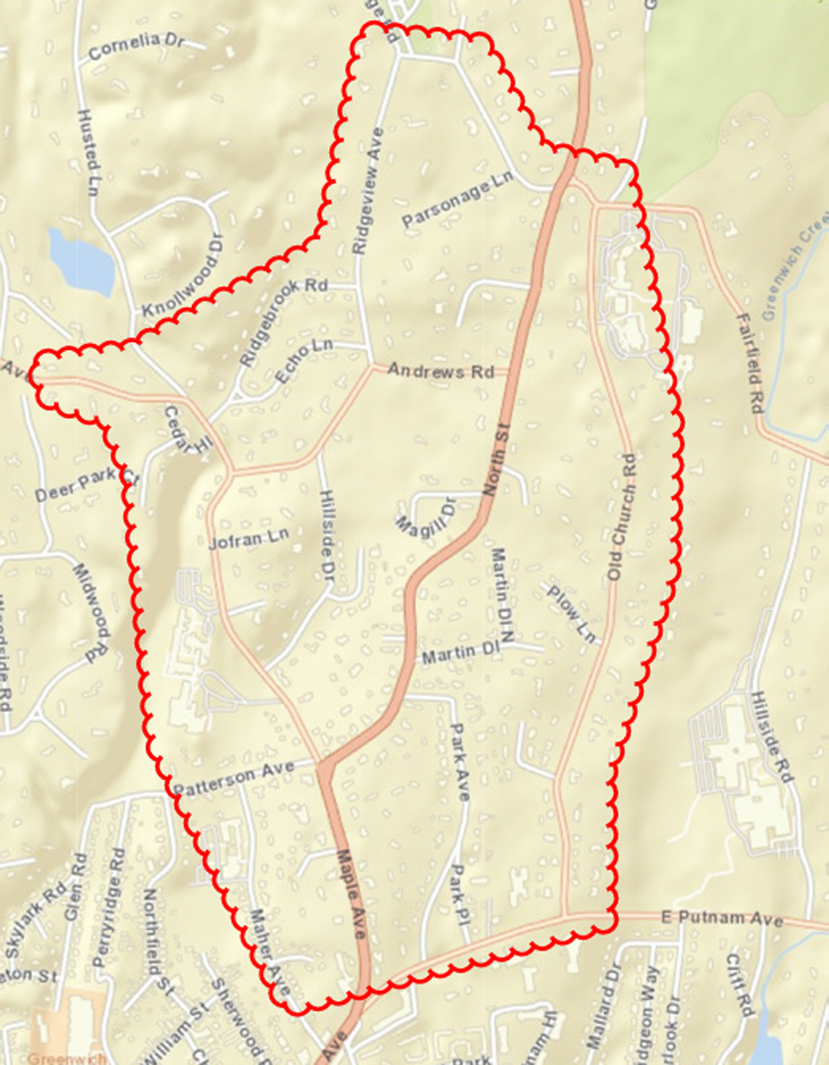 greenwich-ct-north-st-area-low-pressure-map map of customers in Greenwich, CT affected by irrigation restrictions